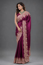 Dark Magenta Silk Organza Saree with Intricate Multi-Color Resham and Hand-Done Embroidery