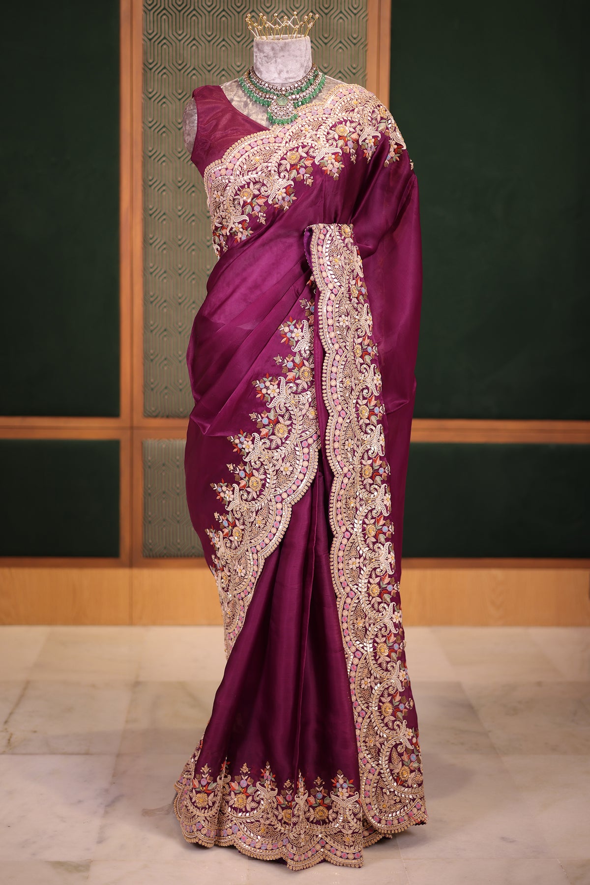 Dark Magenta Silk Organza Saree with Intricate Multi-Color Resham and Hand-Done Embroidery
