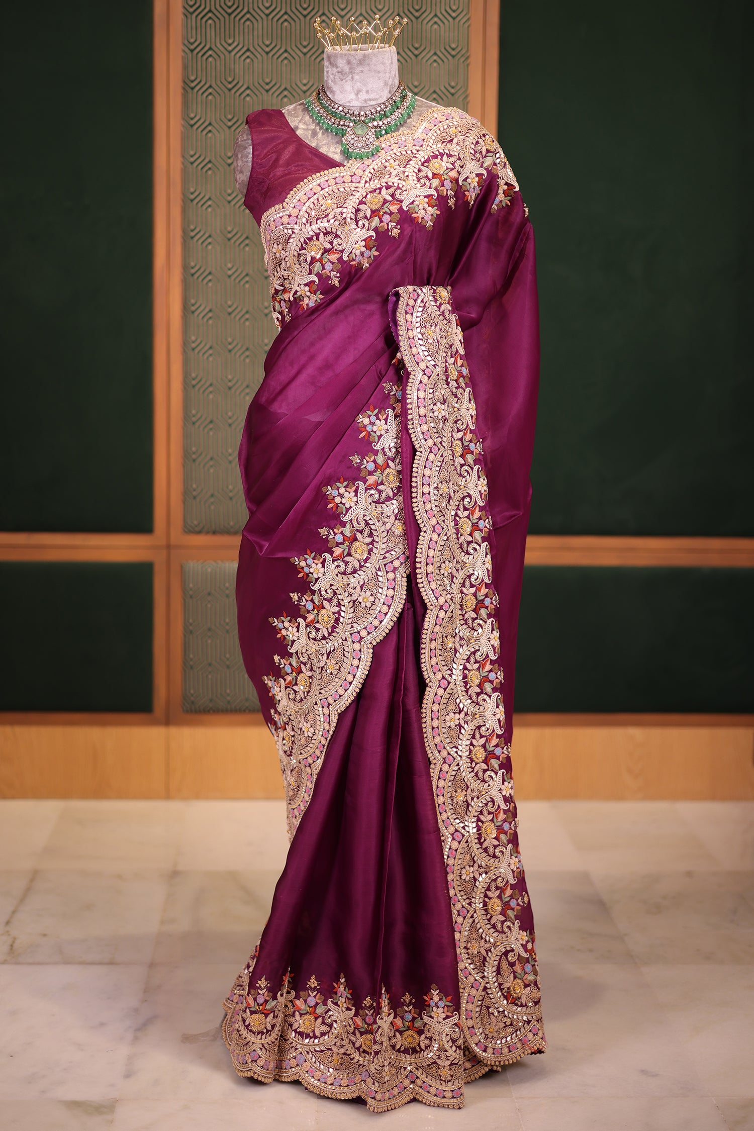 Dark Magenta Silk Organza Saree with Intricate Multi-Color Resham and Hand-Done Embroidery