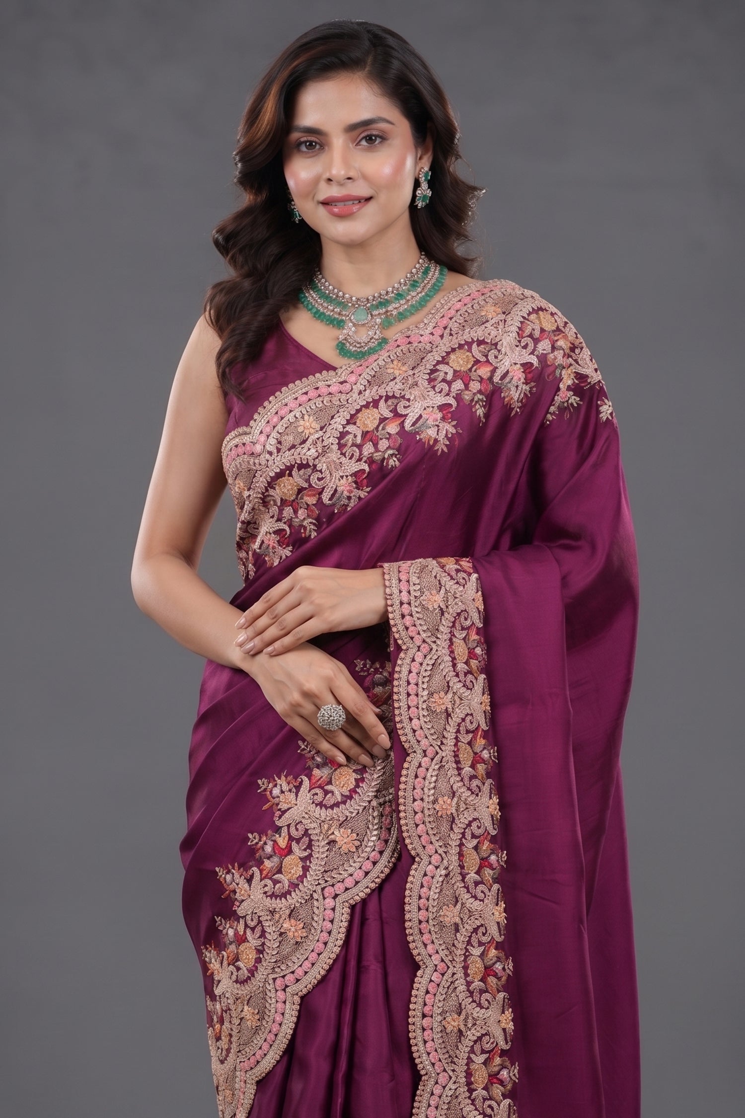 Dark Magenta Silk Organza Saree with Intricate Multi-Color Resham and Hand-Done Embroidery Secondary image