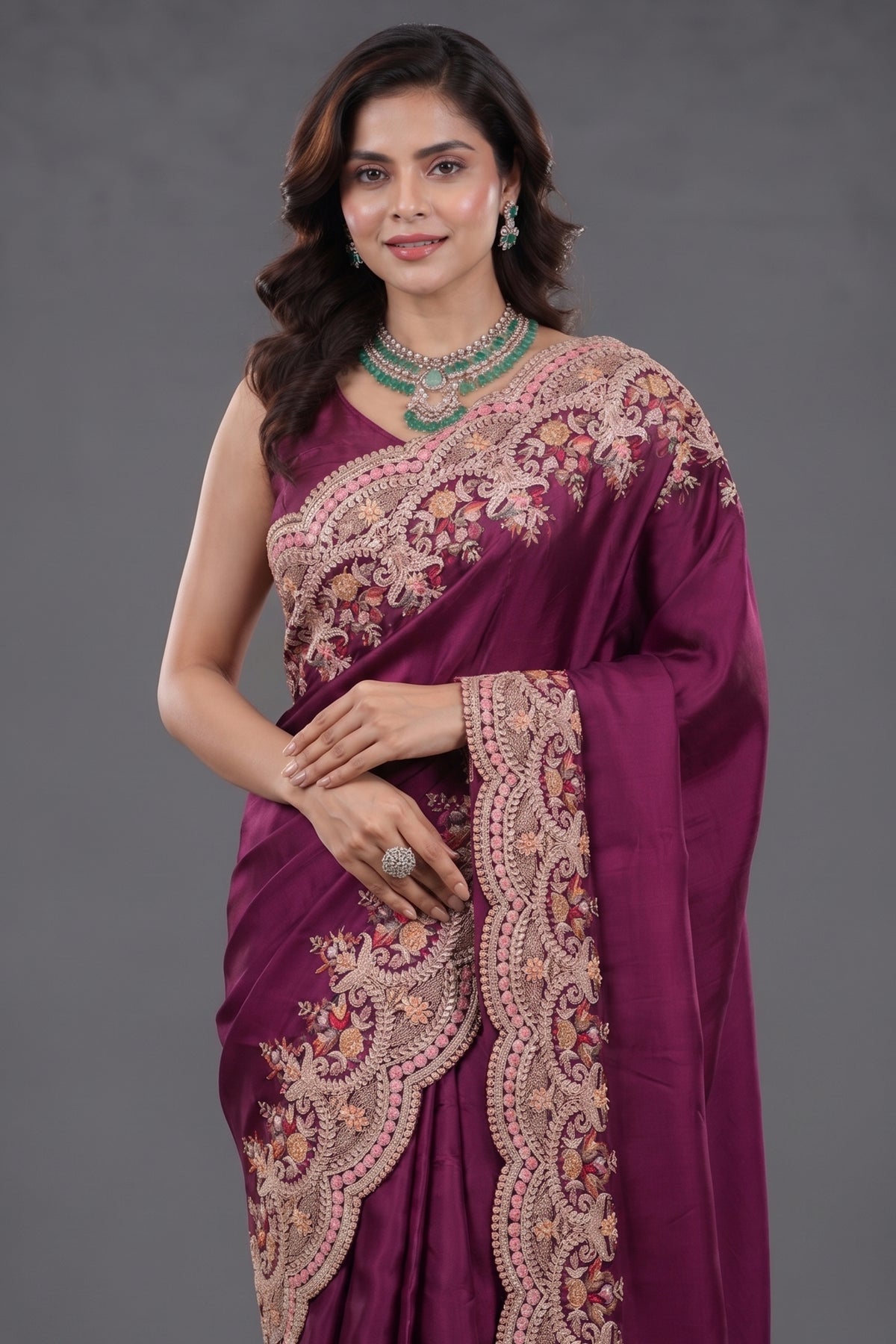 Dark Magenta Silk Organza Saree with Intricate Multi-Color Resham and Hand-Done Embroidery