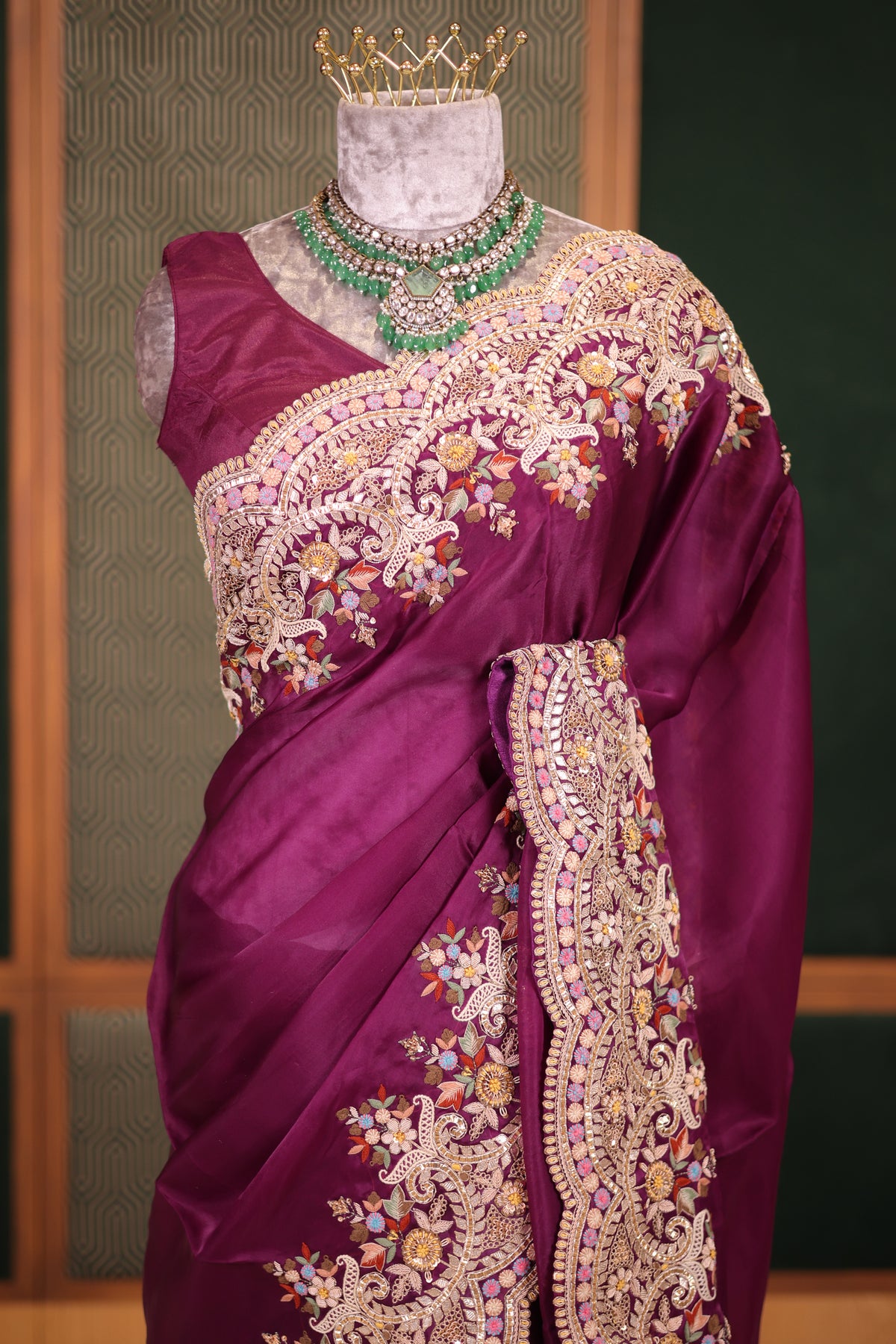 Dark Magenta Silk Organza Saree with Intricate Multi-Color Resham and Hand-Done Embroidery