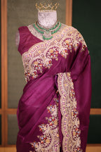 Dark Magenta Silk Organza Saree with Intricate Multi-Color Resham and Hand-Done Embroidery