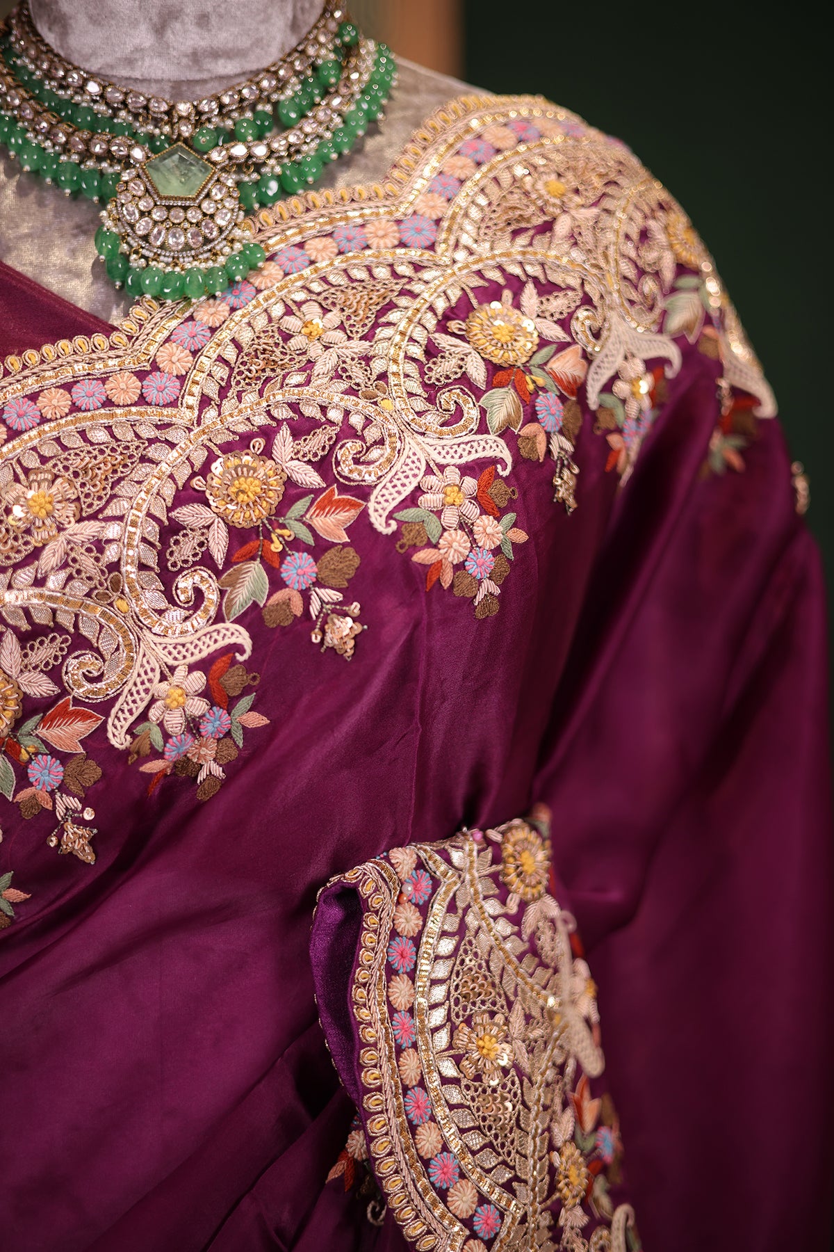 Dark Magenta Silk Organza Saree with Intricate Multi-Color Resham and Hand-Done Embroidery