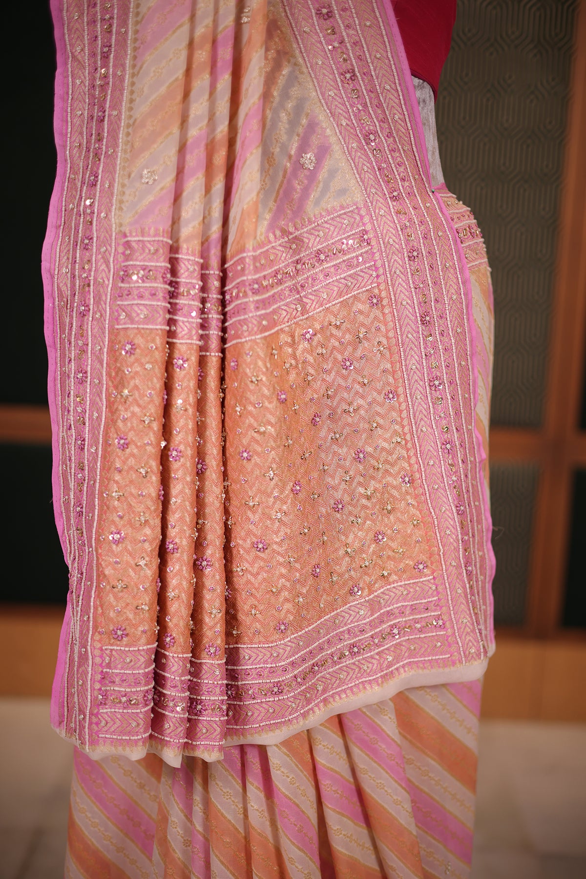 Candy Pink and Peach Woven Leheriya Saree in Premium Georgette with Hand-Done Artisanal Embellishments