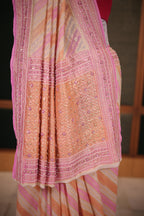 Candy Pink and Peach Woven Leheriya Saree in Premium Georgette with Hand-Done Artisanal Embellishments