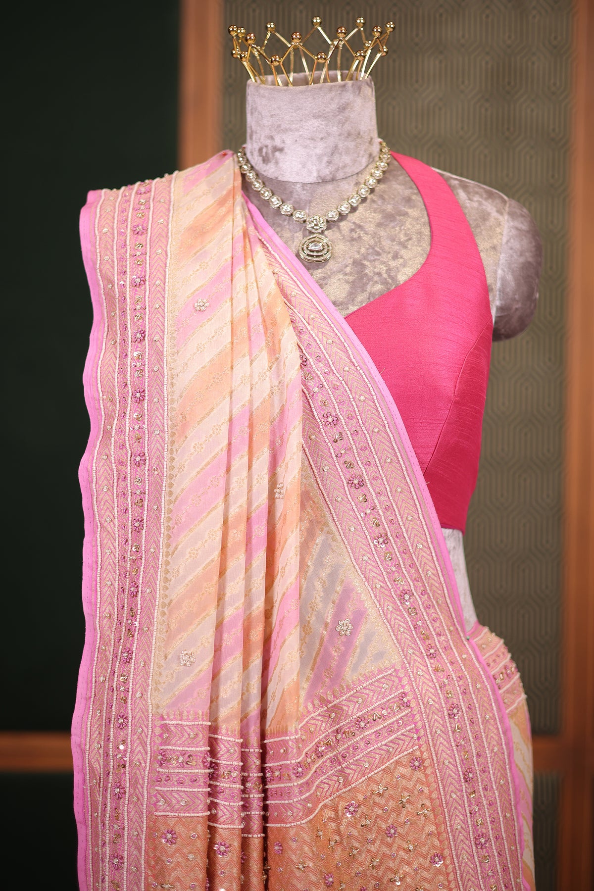 Candy Pink and Peach Woven Leheriya Saree in Premium Georgette with Hand-Done Artisanal Embellishments