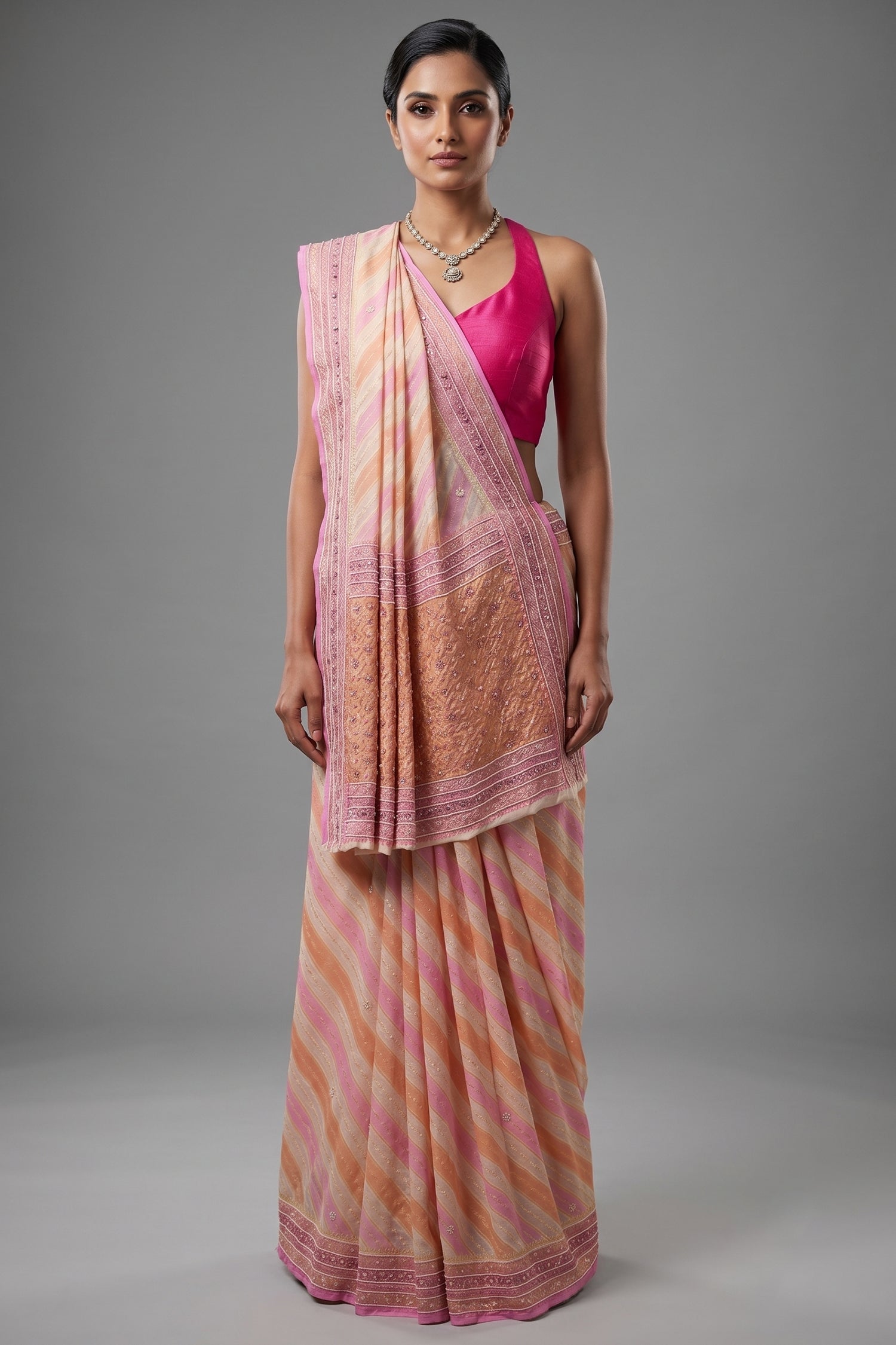 Candy Pink and Peach Woven Leheriya Saree in Premium Georgette with Hand-Done Artisanal Embellishments Main image