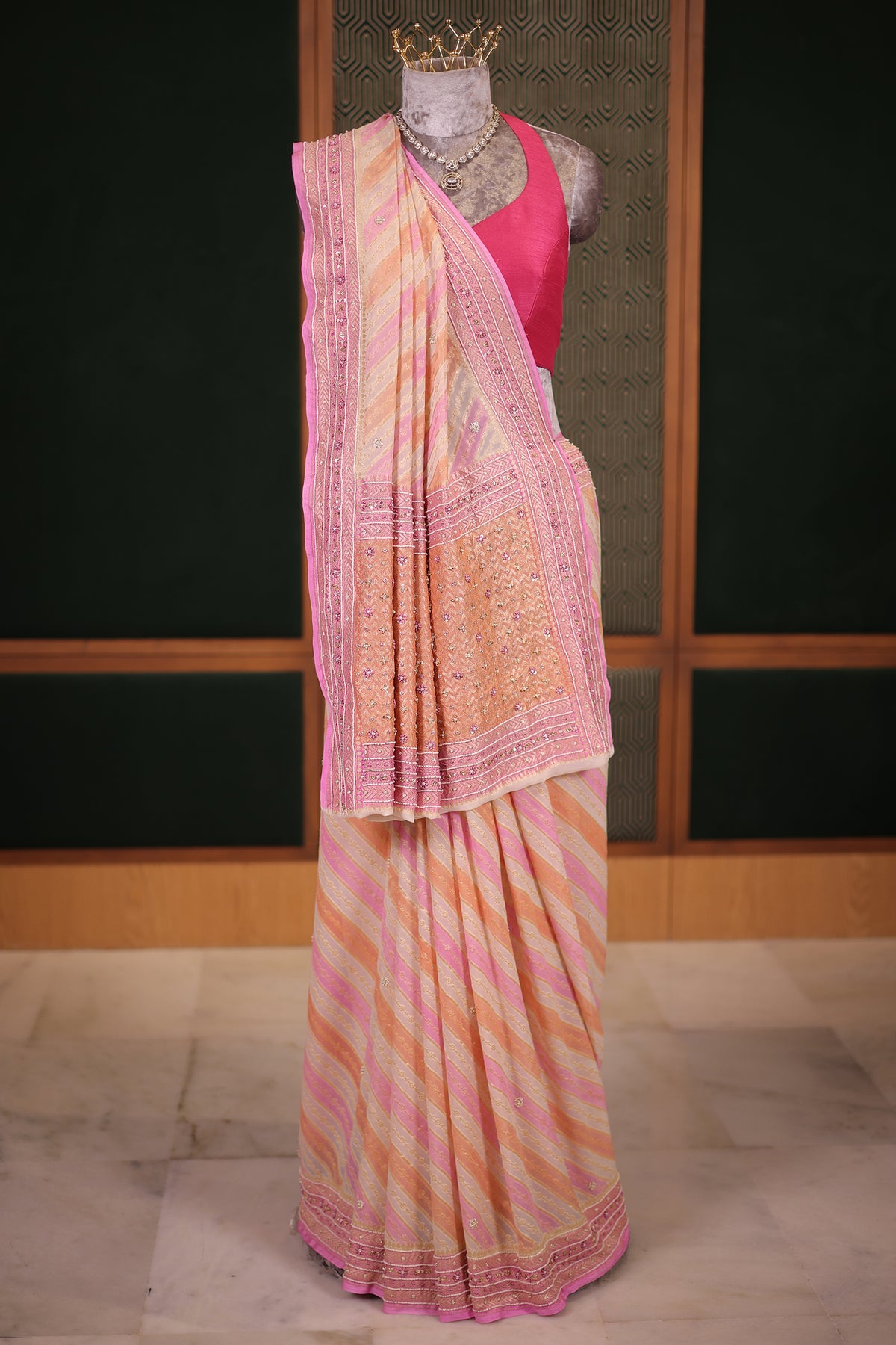 Candy Pink and Peach Woven Leheriya Saree in Premium Georgette with Hand-Done Artisanal Embellishments