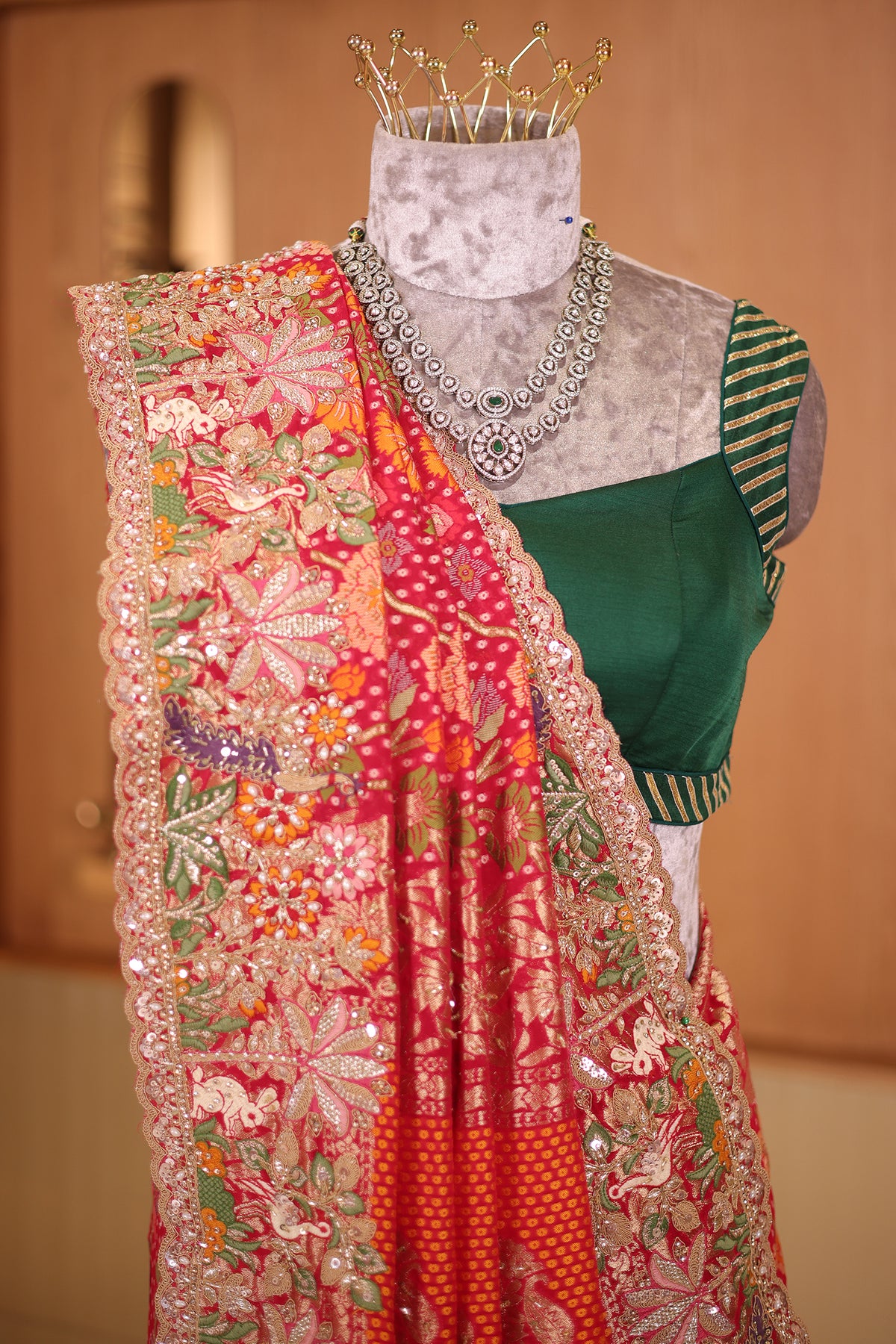 Pink Woven Kalamkari Georgette Saree with Handcrafted Embroidery and Heavy Sequin Beaded Scalloped Border