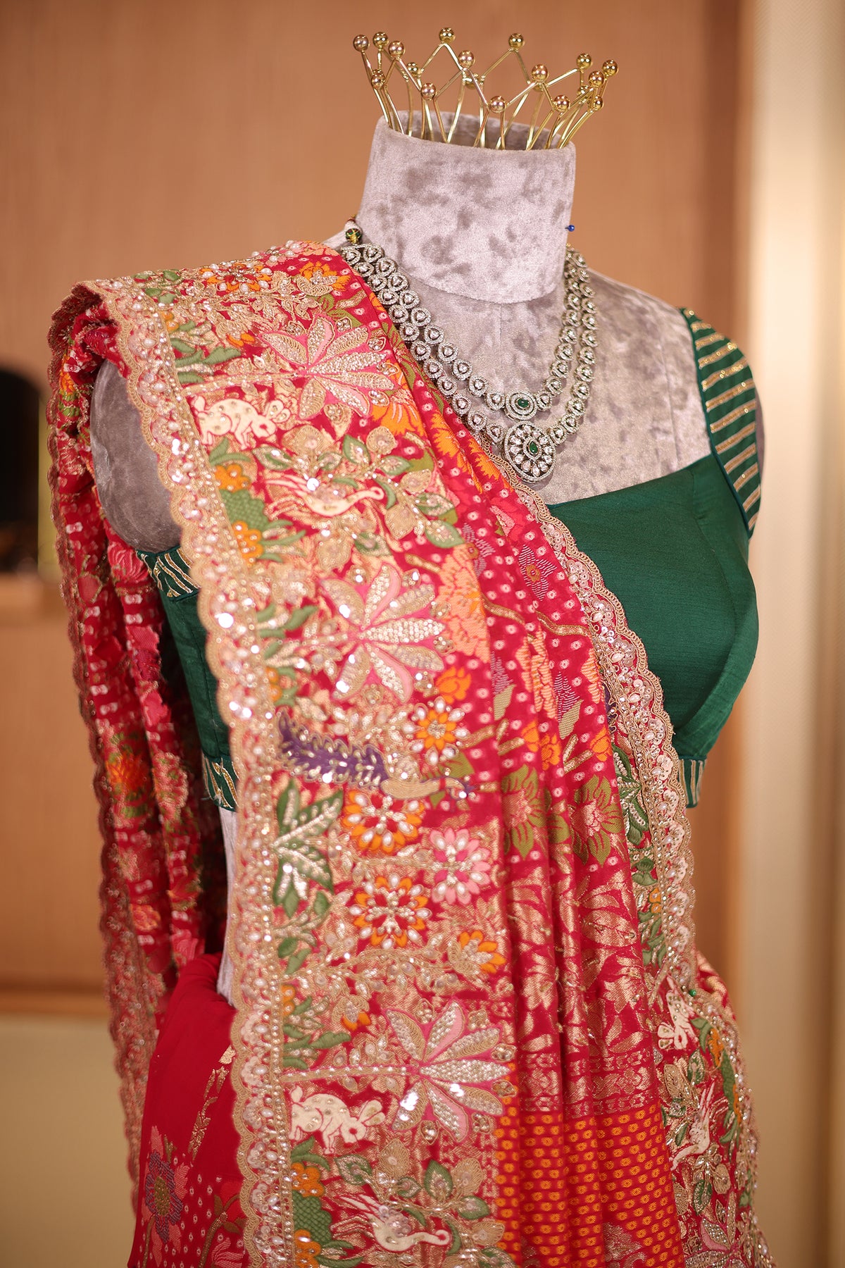 Pink Woven Kalamkari Georgette Saree with Handcrafted Embroidery and Heavy Sequin Beaded Scalloped Border