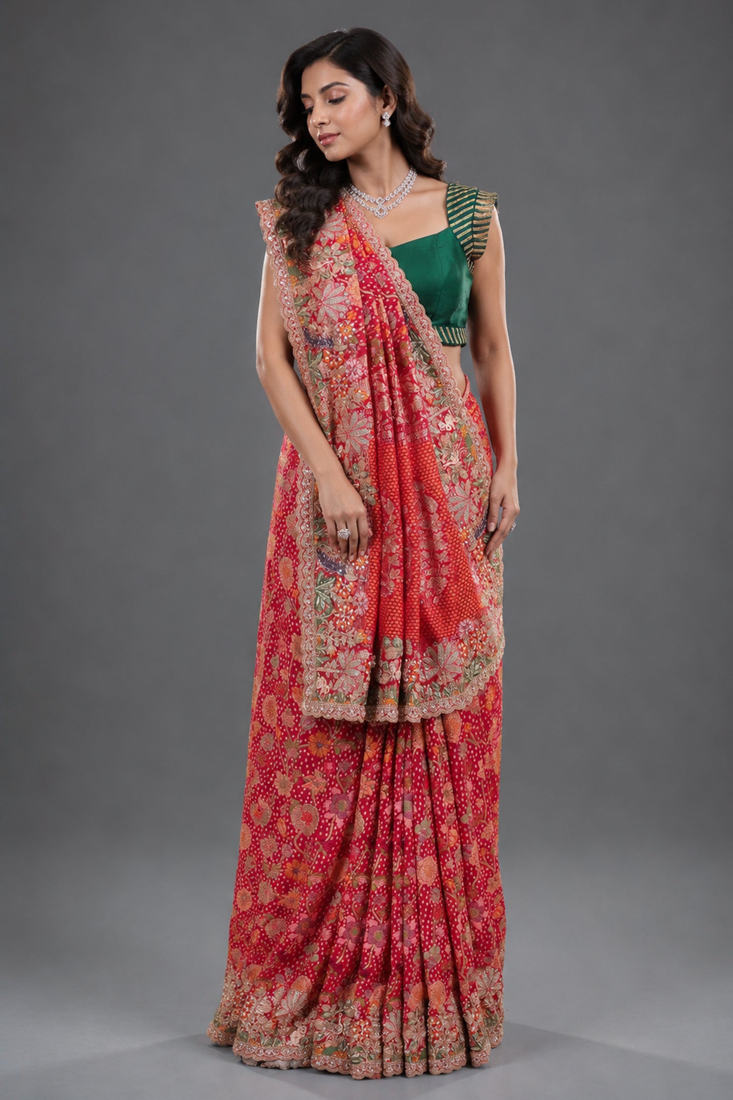 Pink Woven Kalamkari Georgette Saree with Handcrafted Embroidery and Heavy Sequin Beaded Scalloped Border Main image