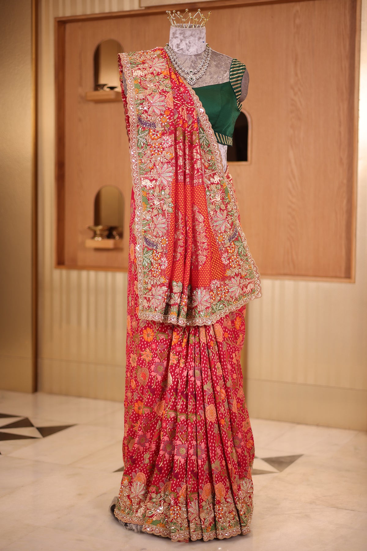 Pink Woven Kalamkari Georgette Saree with Handcrafted Embroidery and Heavy Sequin Beaded Scalloped Border