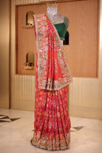 Pink Woven Kalamkari Georgette Saree with Handcrafted Embroidery and Heavy Sequin Beaded Scalloped Border
