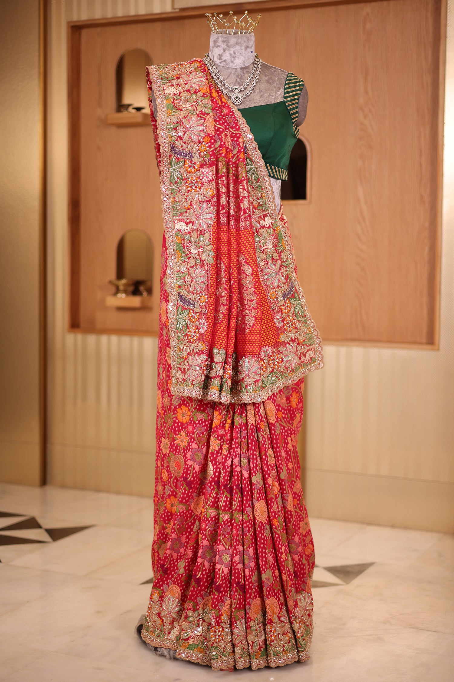 Pink Woven Kalamkari Georgette Saree with Handcrafted Embroidery and Heavy Sequin Beaded Scalloped Border