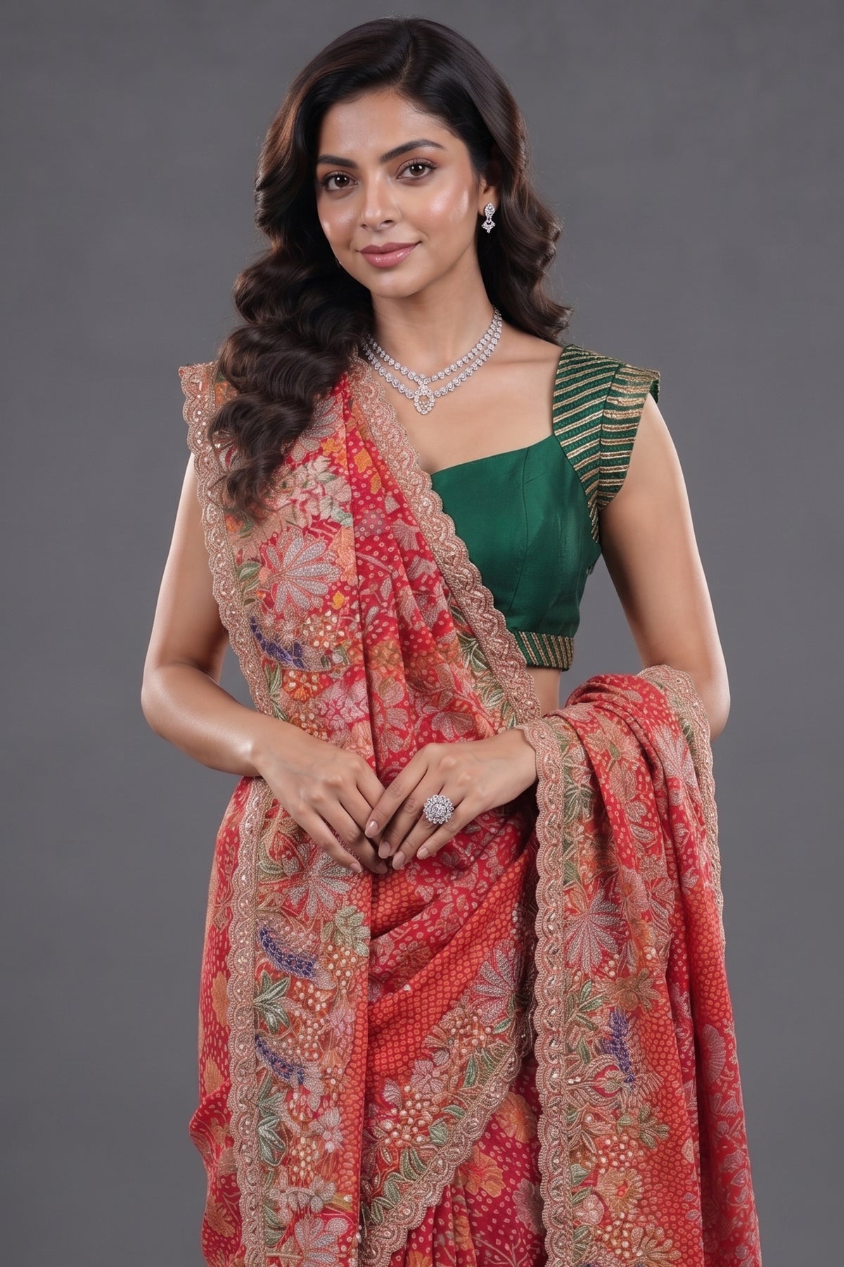 Pink Woven Kalamkari Georgette Saree with Handcrafted Embroidery and Heavy Sequin Beaded Scalloped Border