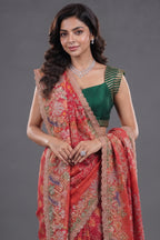 Pink Woven Kalamkari Georgette Saree with Handcrafted Embroidery and Heavy Sequin Beaded Scalloped Border