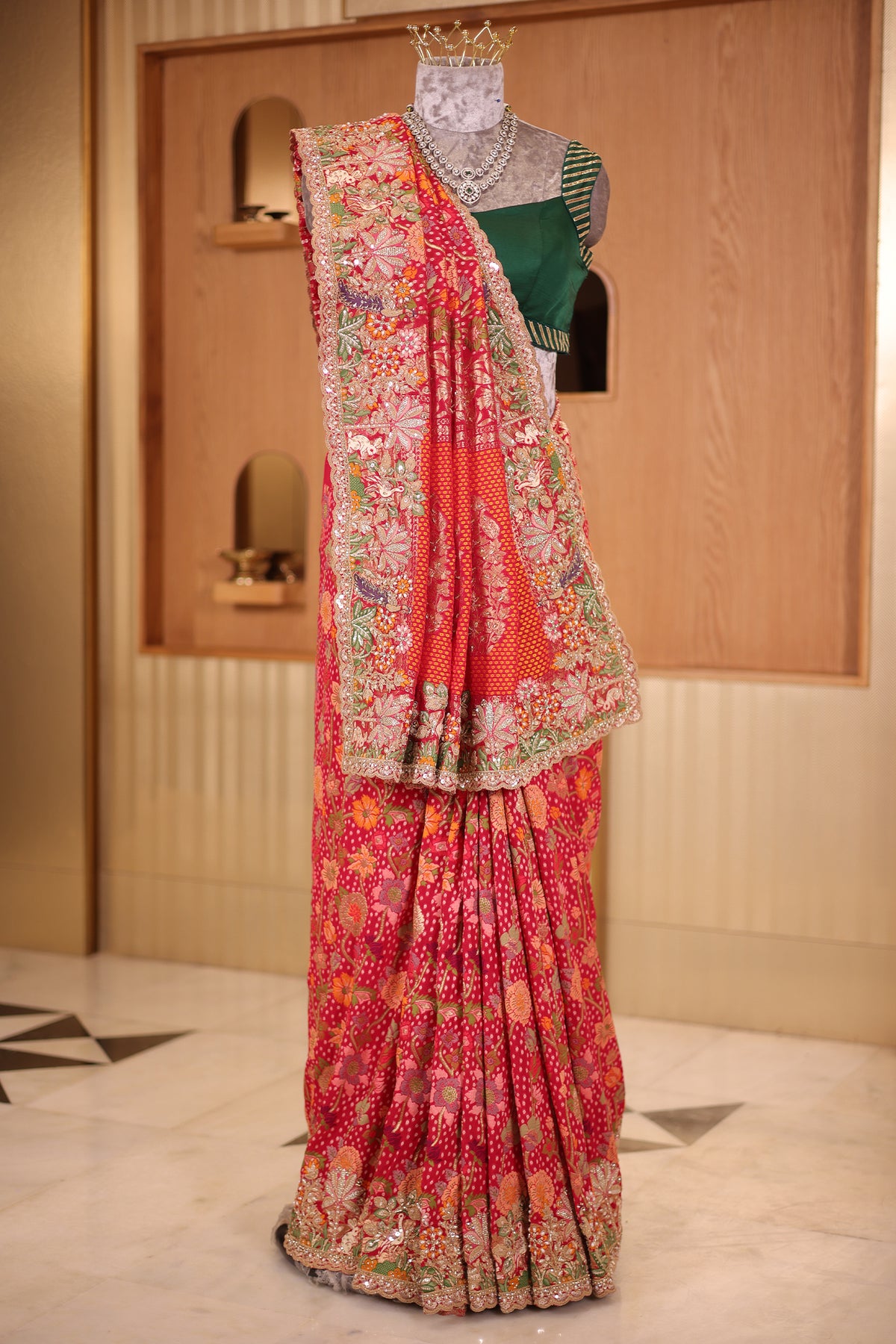 Pink Woven Kalamkari Georgette Saree with Handcrafted Embroidery and Heavy Sequin Beaded Scalloped Border
