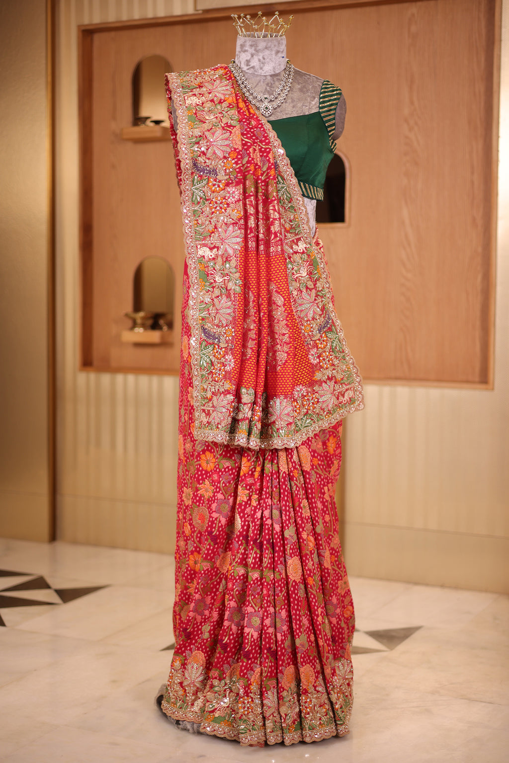 Pink Woven Kalamkari Georgette Saree with Handcrafted Embroidery and Heavy Sequin Beaded Scalloped Border