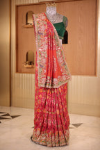 Pink Woven Kalamkari Georgette Saree with Handcrafted Embroidery and Heavy Sequin Beaded Scalloped Border