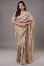 Taupe Premium Organza Saree with Scattered Buttis, Cutdana Bead Work Border, and Coordinated Stitched Blouse