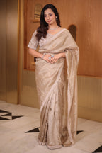 Taupe Premium Organza Saree with Scattered Buttis, Cutdana Bead Work Border, and Coordinated Stitched Blouse