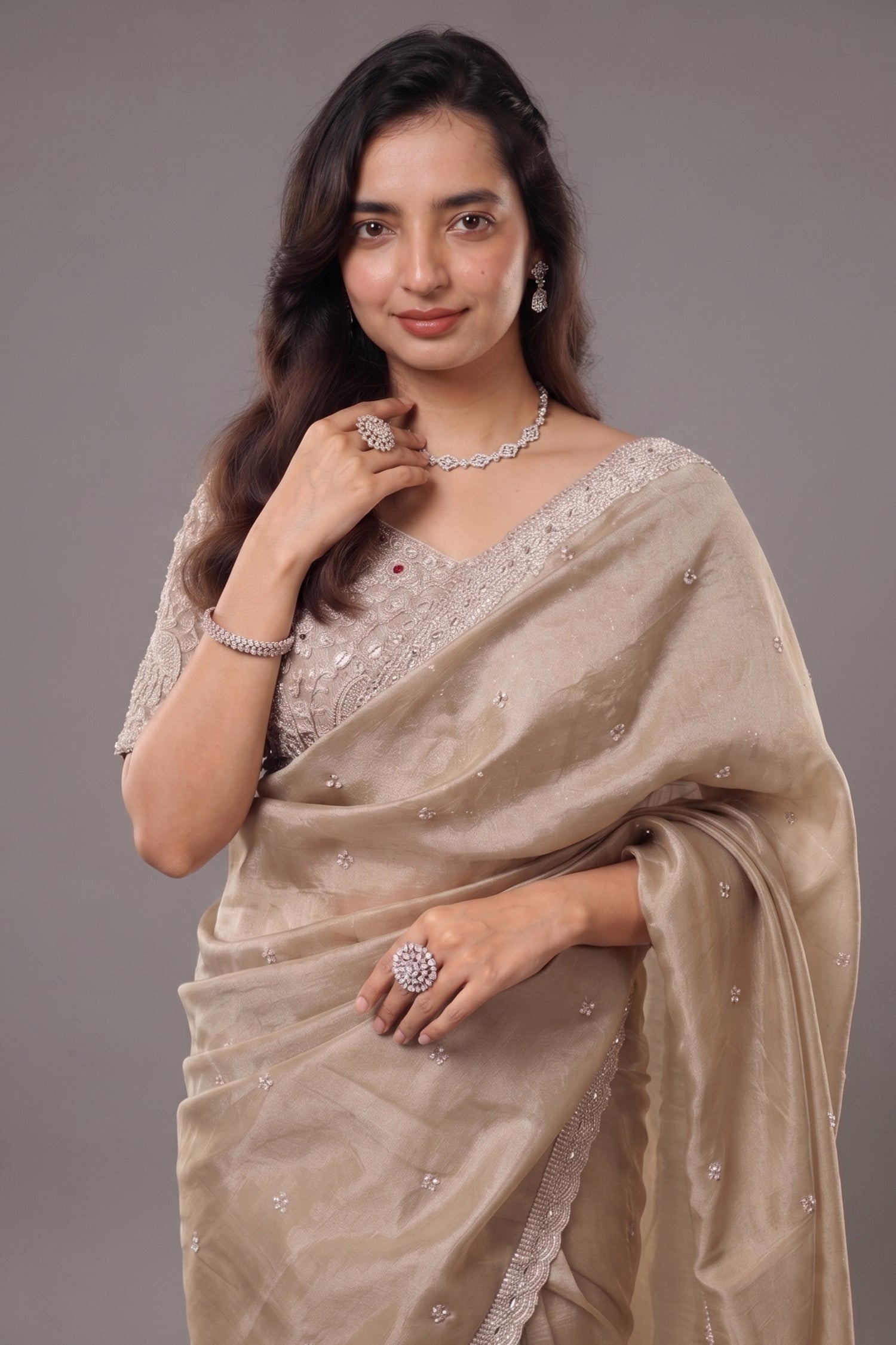 Taupe Premium Organza Saree with Scattered Buttis, Cutdana Bead Work Border, and Coordinated Stitched Blouse Secondary image