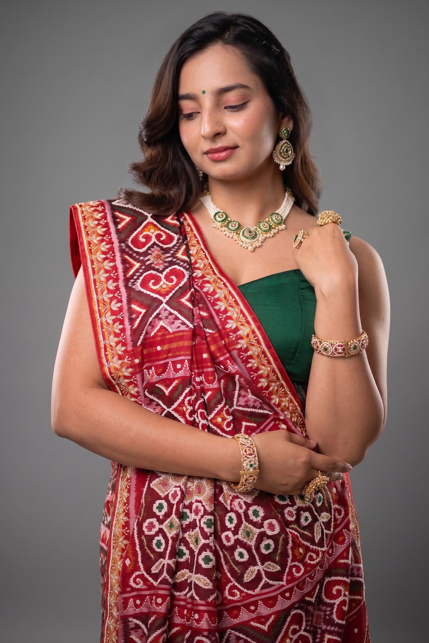 Red Silk Saree with Woven Patola and Handcrafted Cutdana and Bead Work Embroidery Secondary image