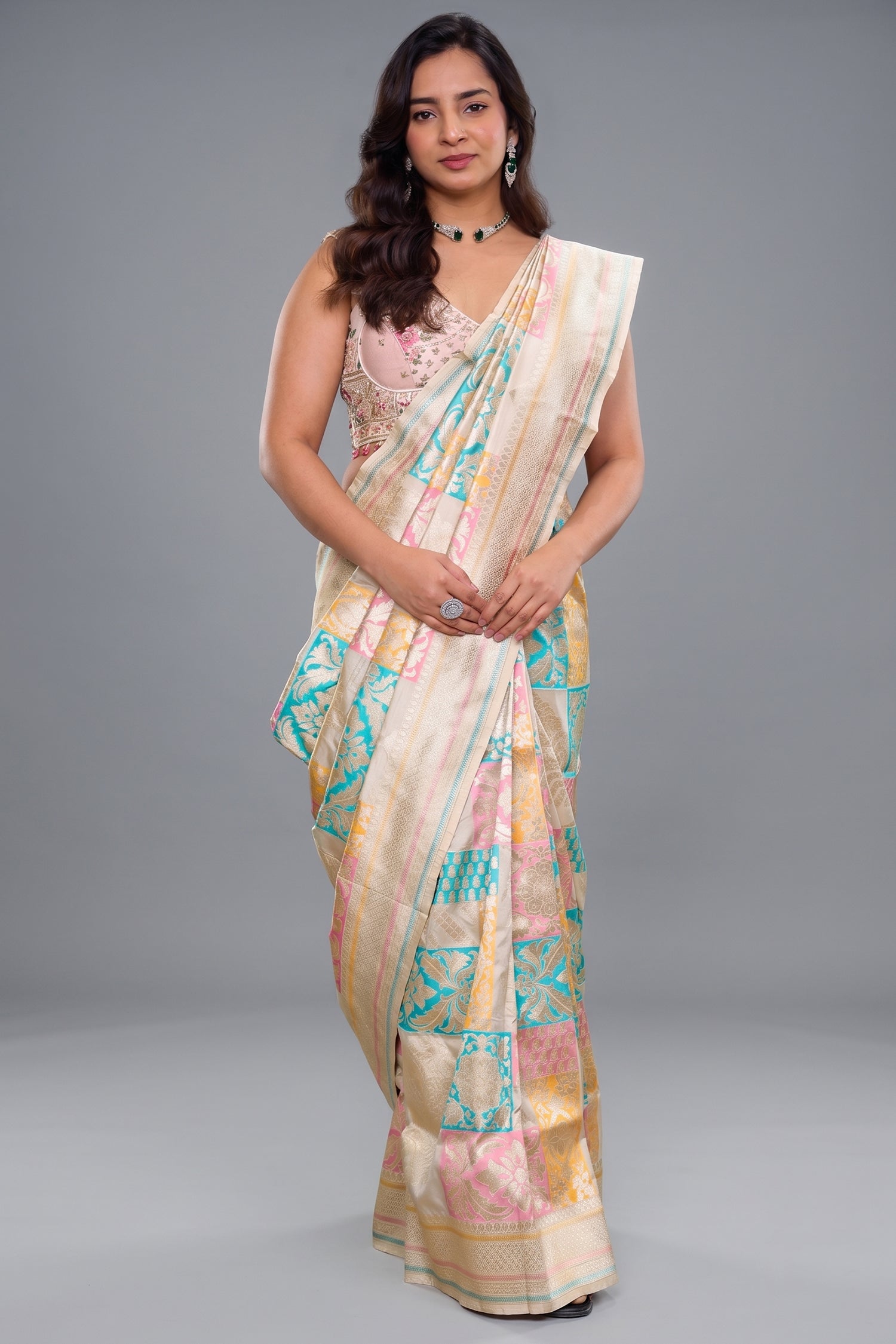 Multi-Color Woven Banarasi Silk Saree with Pastel Patchwork Woven Details and Intricate Zari Pallu Main image
