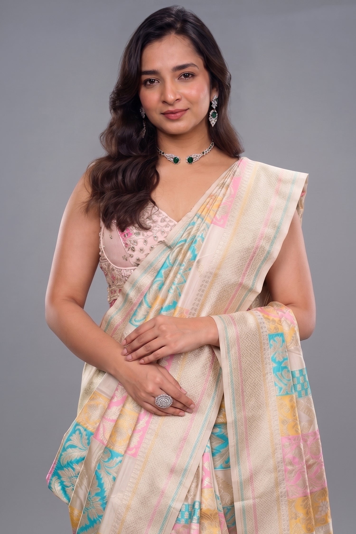 Multi-Color Woven Banarasi Silk Saree with Pastel Patchwork Woven Details and Intricate Zari Pallu Secondary image