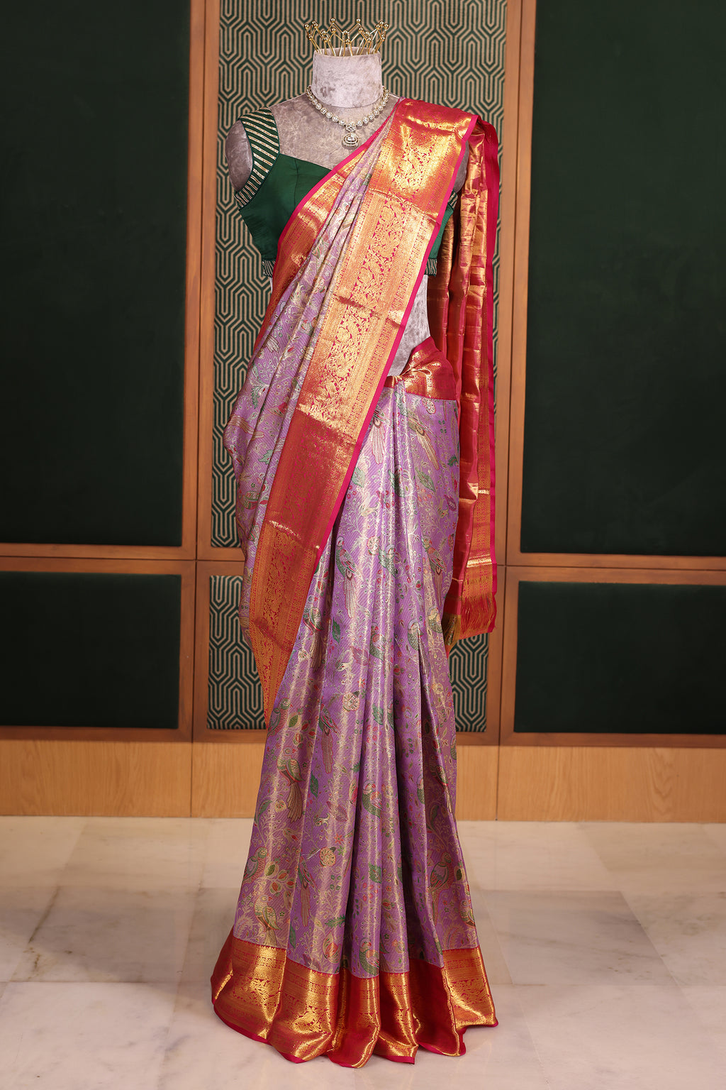 Metallic Purple Kanchipuram Tissue Silk Saree with All-Over Paithani Floral Weave and Heavy Gold Zari Border