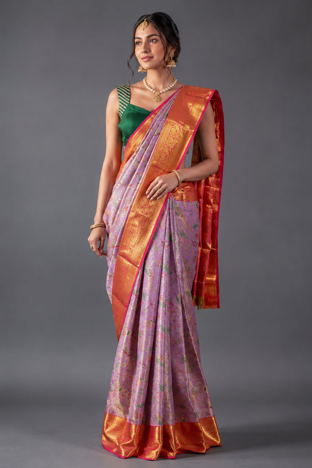 Metallic Purple Kanchipuram Tissue Silk Saree with All-Over Paithani Floral Weave and Heavy Gold Zari Border