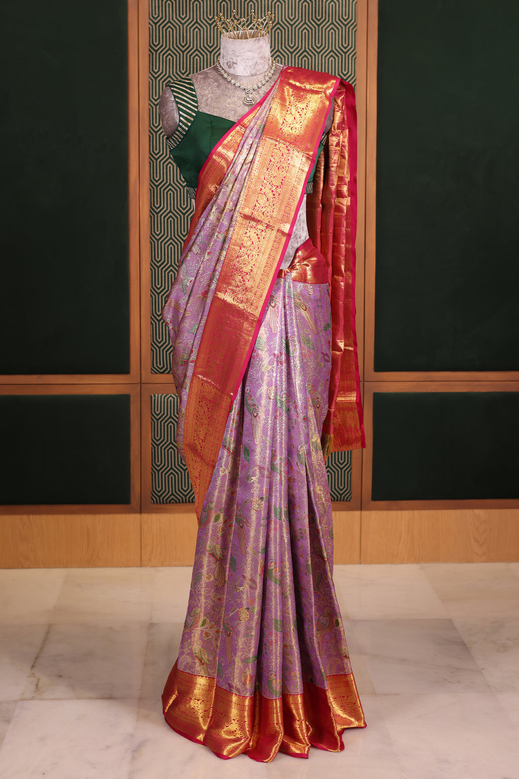 Metallic Purple Kanchipuram Tissue Silk Saree with All-Over Paithani Floral Weave and Heavy Gold Zari Border