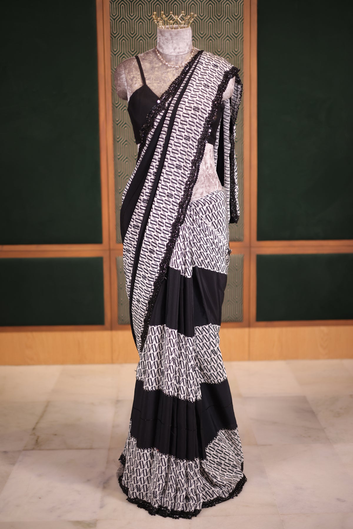 Black and White Printed Crepe Silk Saree with Hand-Embellished Sequin and Diamond Accents