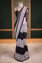 Black and White Printed Crepe Silk Saree with Hand-Embellished Sequin and Diamond Accents