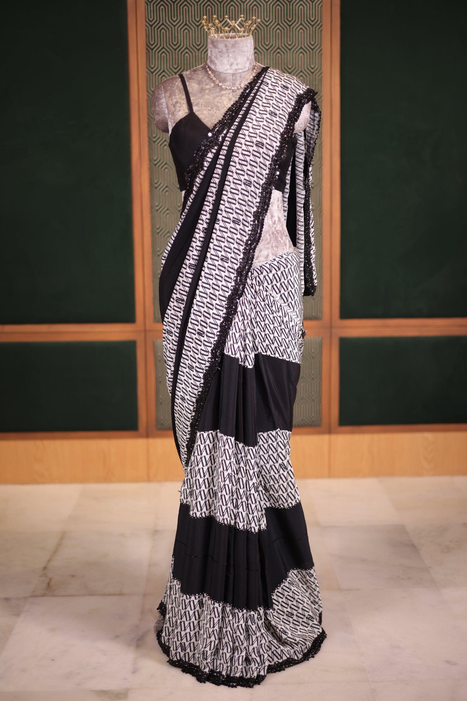 Black and White Printed Crepe Silk Saree with Hand-Embellished Sequin and Diamond Accents