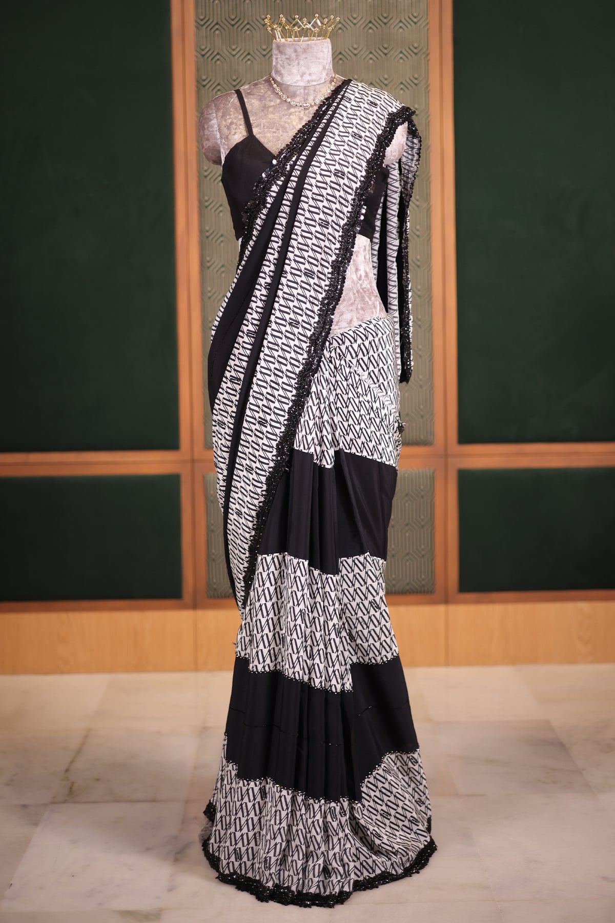 Black and White Printed Crepe Silk Saree with Hand-Embellished Sequin and Diamond Accents
