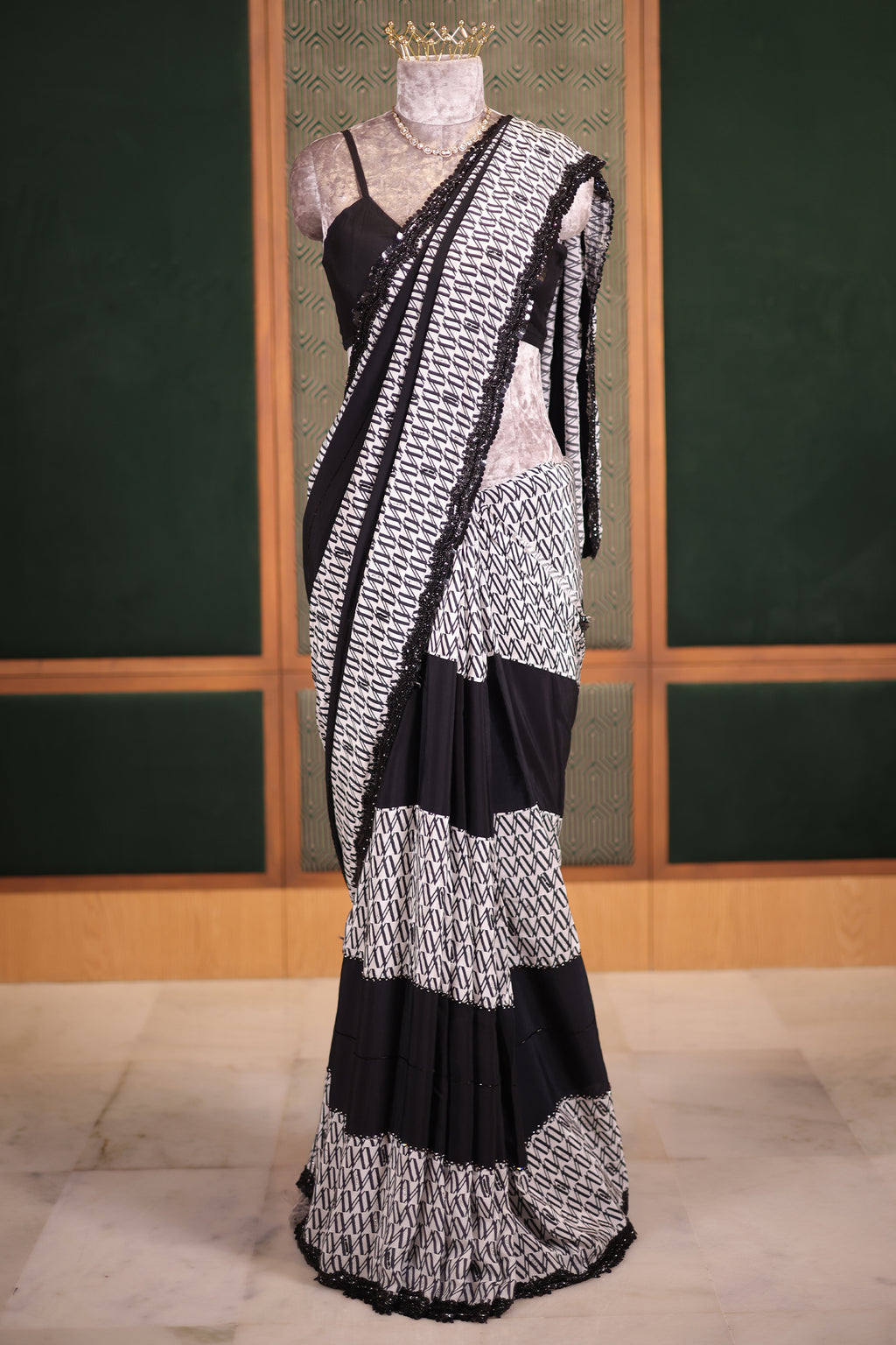 Black and White Printed Crepe Silk Saree with Hand-Embellished Sequin and Diamond Accents
