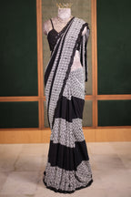 Black and White Printed Crepe Silk Saree with Hand-Embellished Sequin and Diamond Accents
