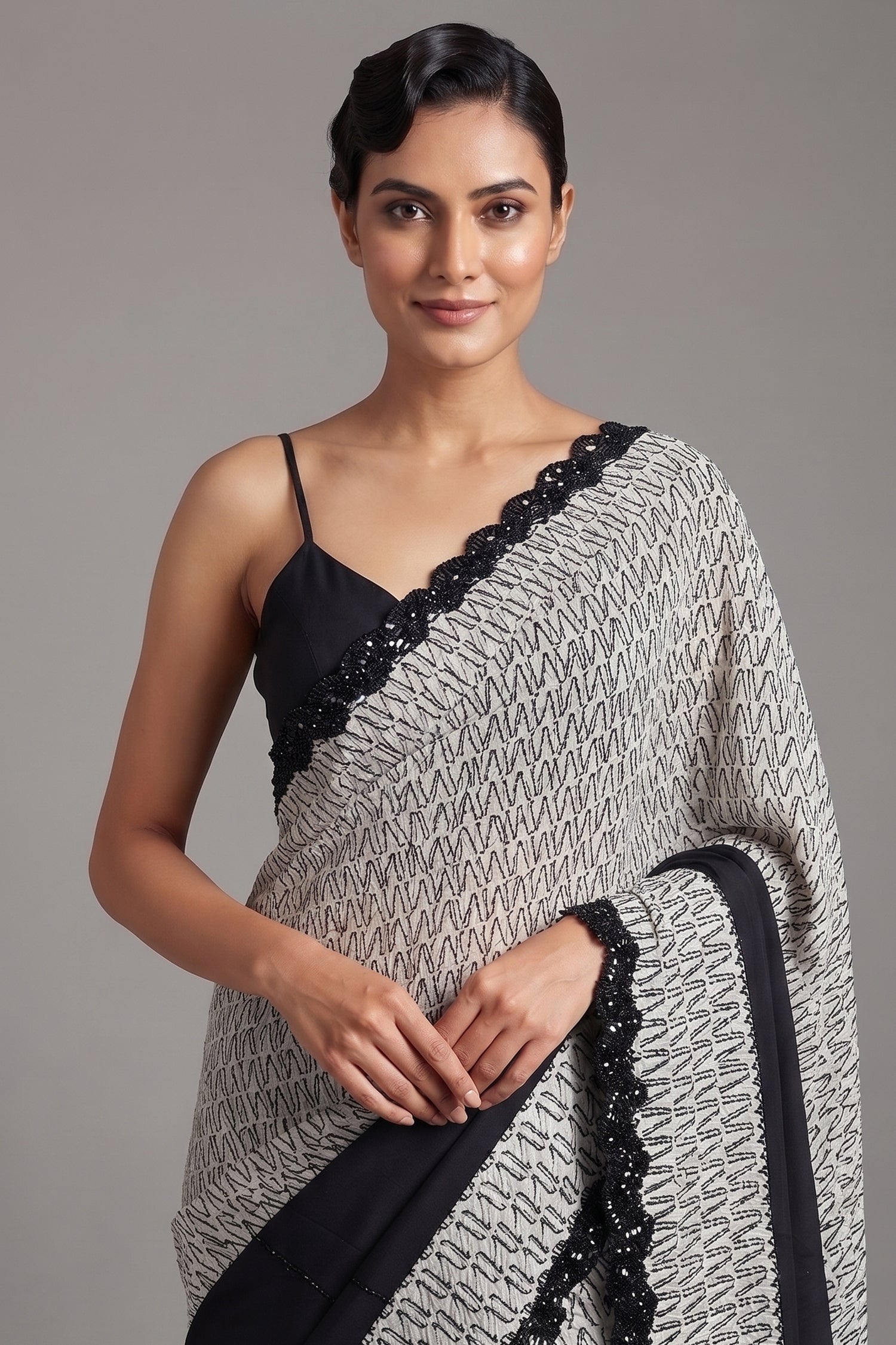 Black and White Printed Crepe Silk Saree with Hand-Embellished Sequin and Diamond Accents Secondary image