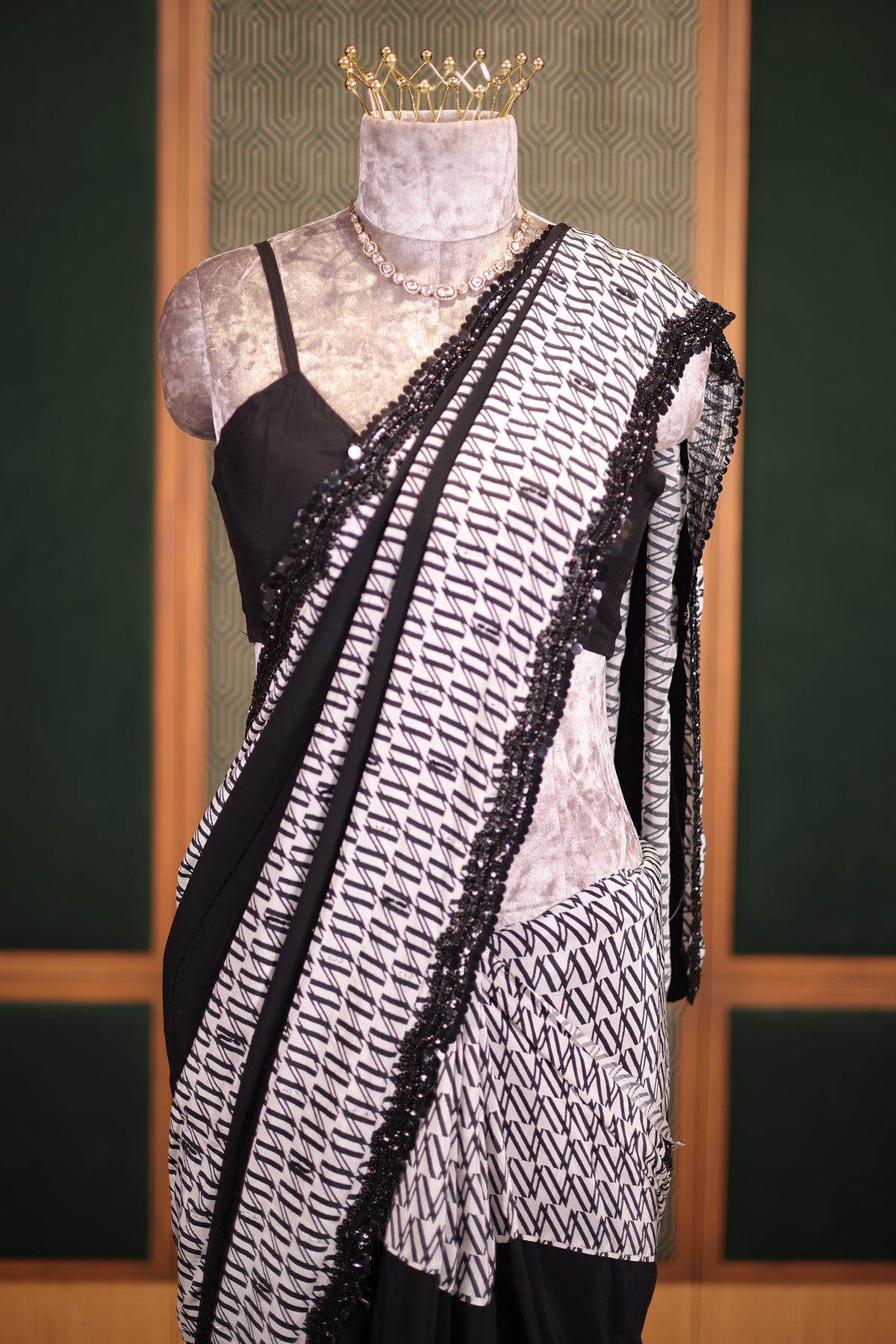 Black and White Printed Crepe Silk Saree with Hand-Embellished Sequin and Diamond Accents
