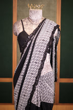 Black and White Printed Crepe Silk Saree with Hand-Embellished Sequin and Diamond Accents