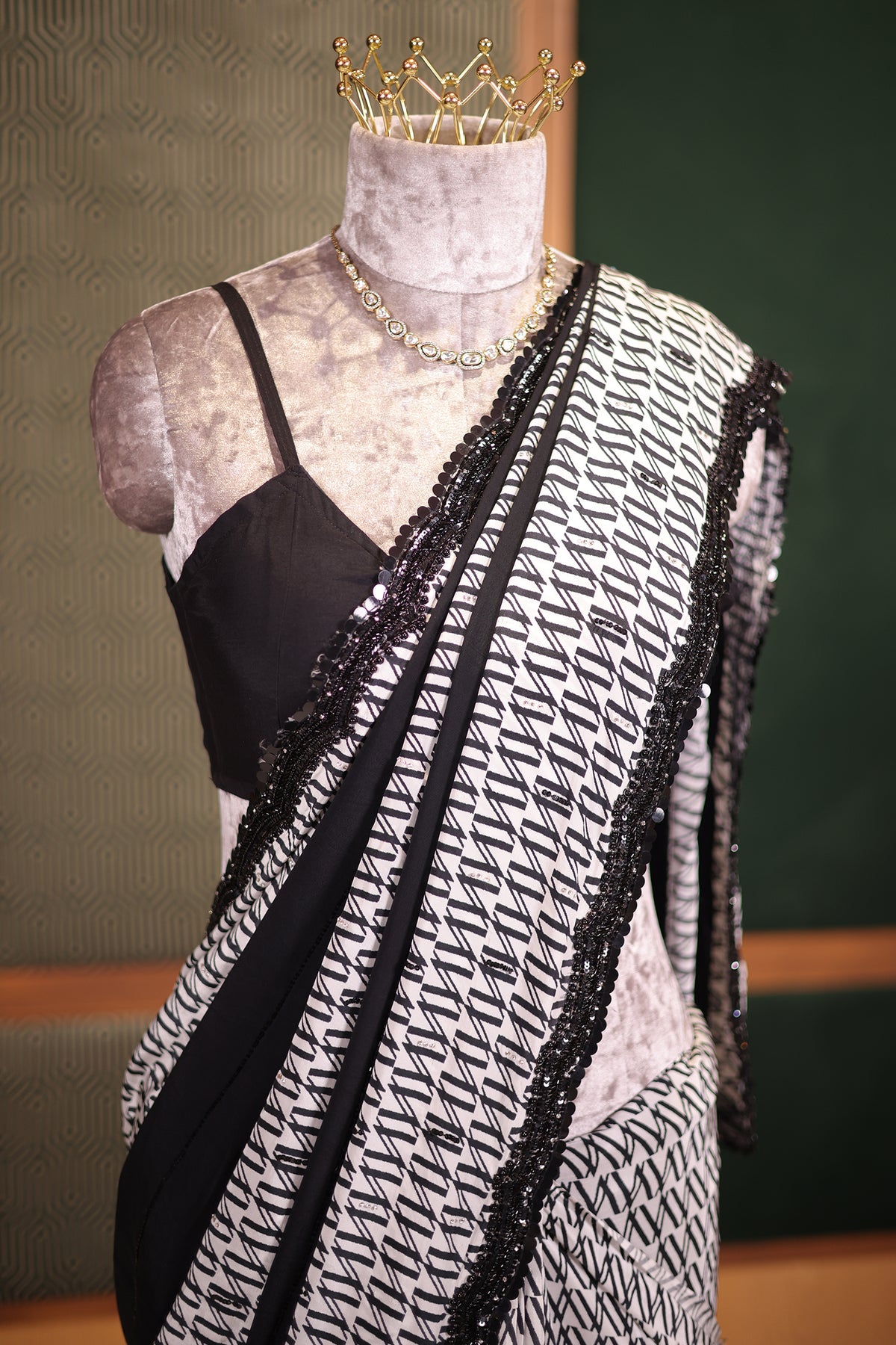 Black and White Printed Crepe Silk Saree with Hand-Embellished Sequin and Diamond Accents