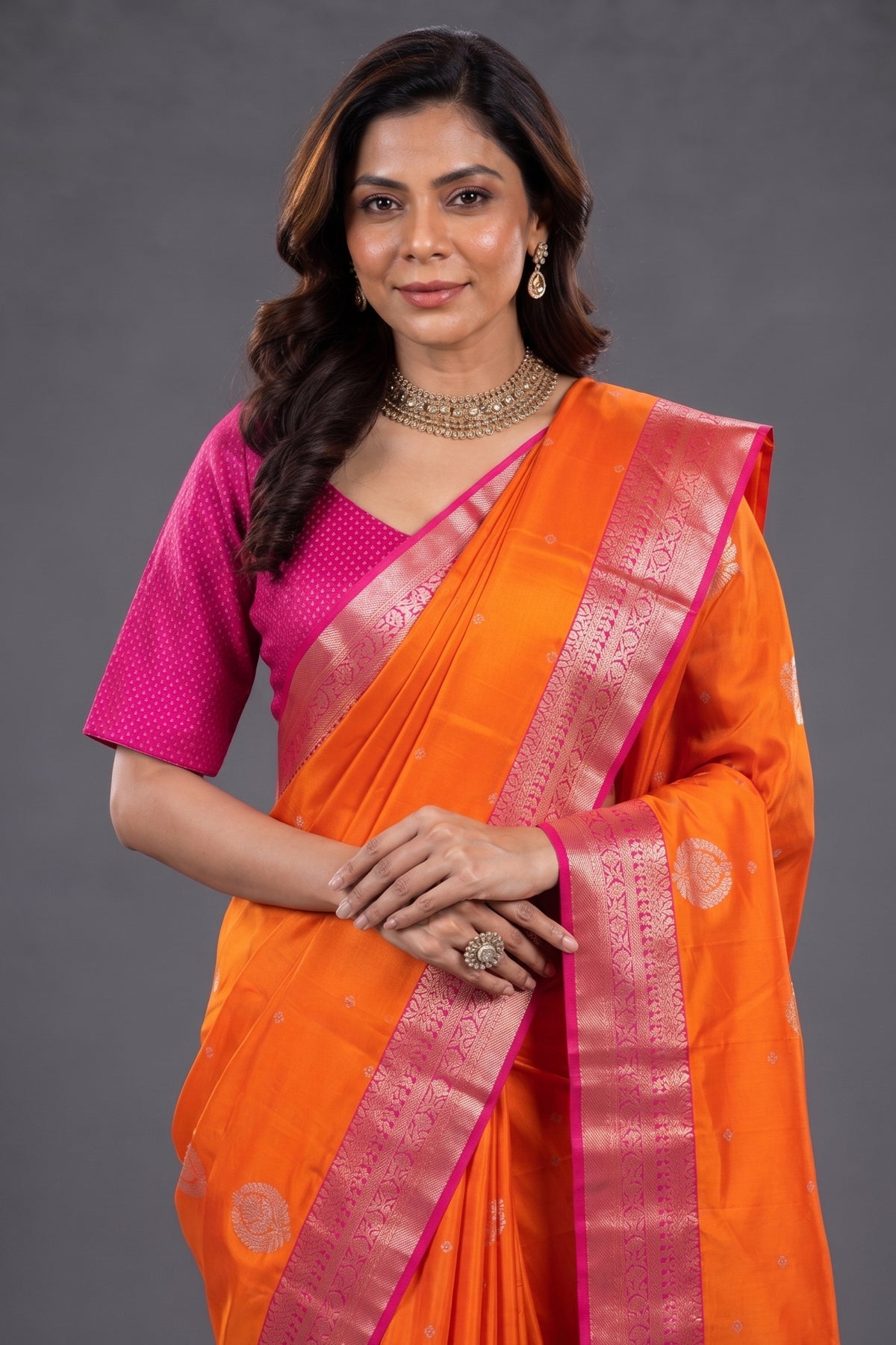 Vibrant Orange Woven Handloom Silk Saree with Fine Butti Work and Ornate Pink Zari Pallu