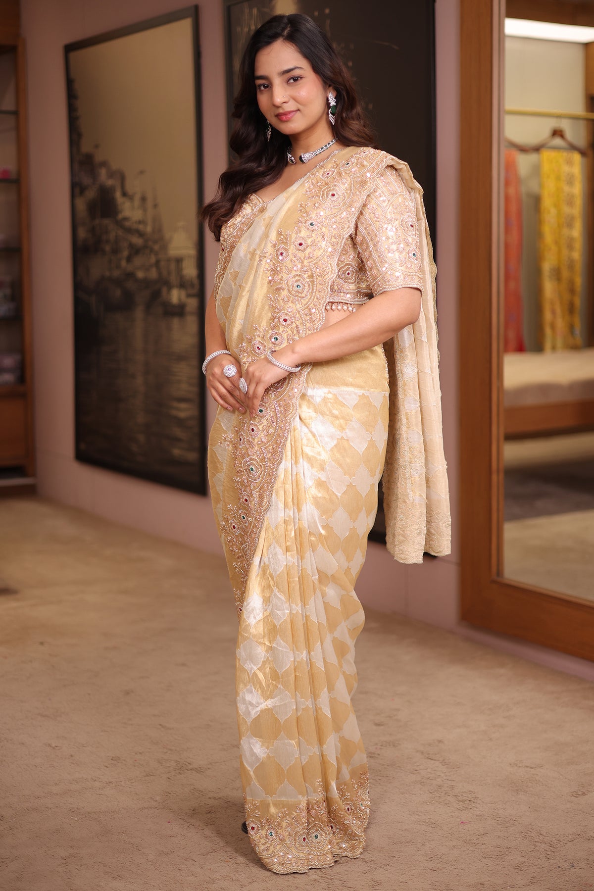 Golden Silver Tissue Saree with Scalloped Cutdana Border and Hand-Embellished Blouse