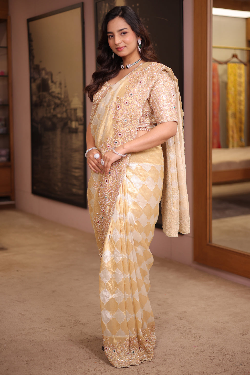 Golden Silver Tissue Saree with Scalloped Cutdana Border and Hand-Embellished Blouse