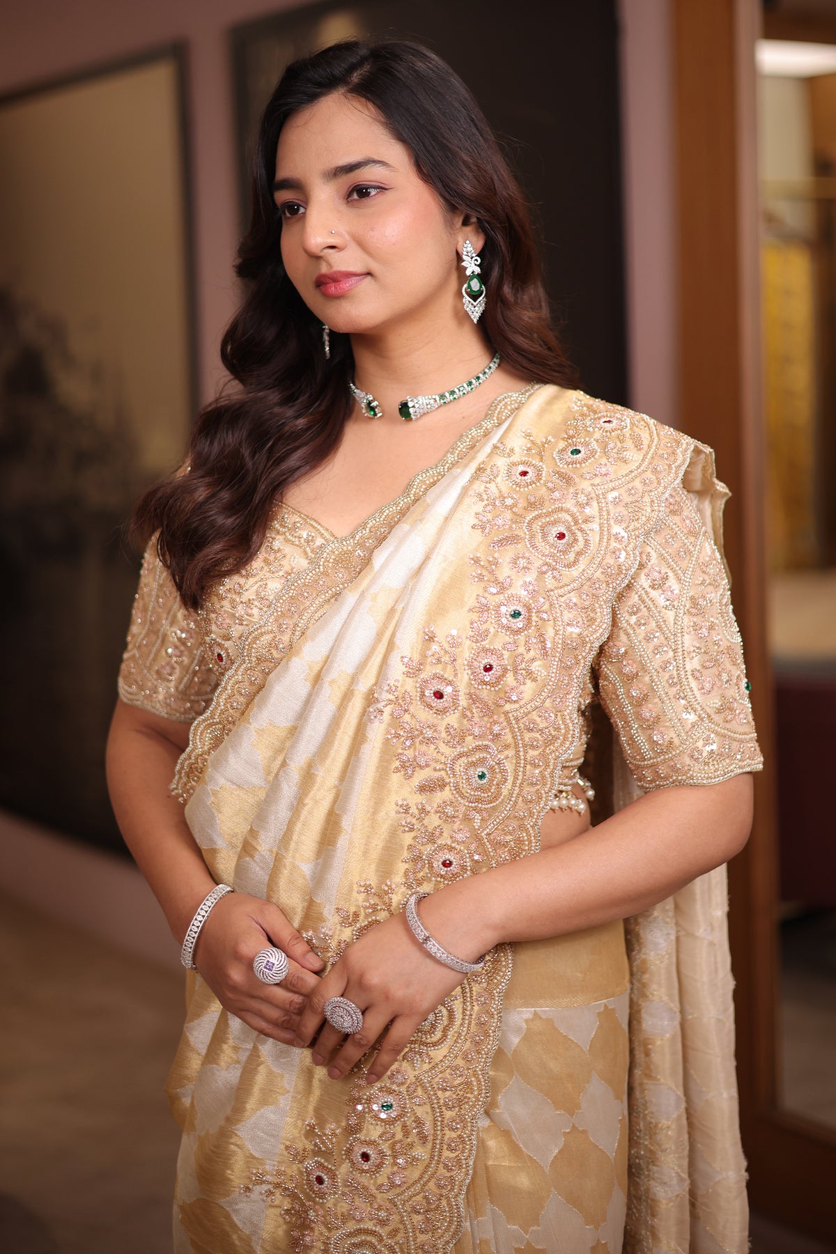 Golden Silver Tissue Saree with Scalloped Cutdana Border and Hand-Embellished Blouse