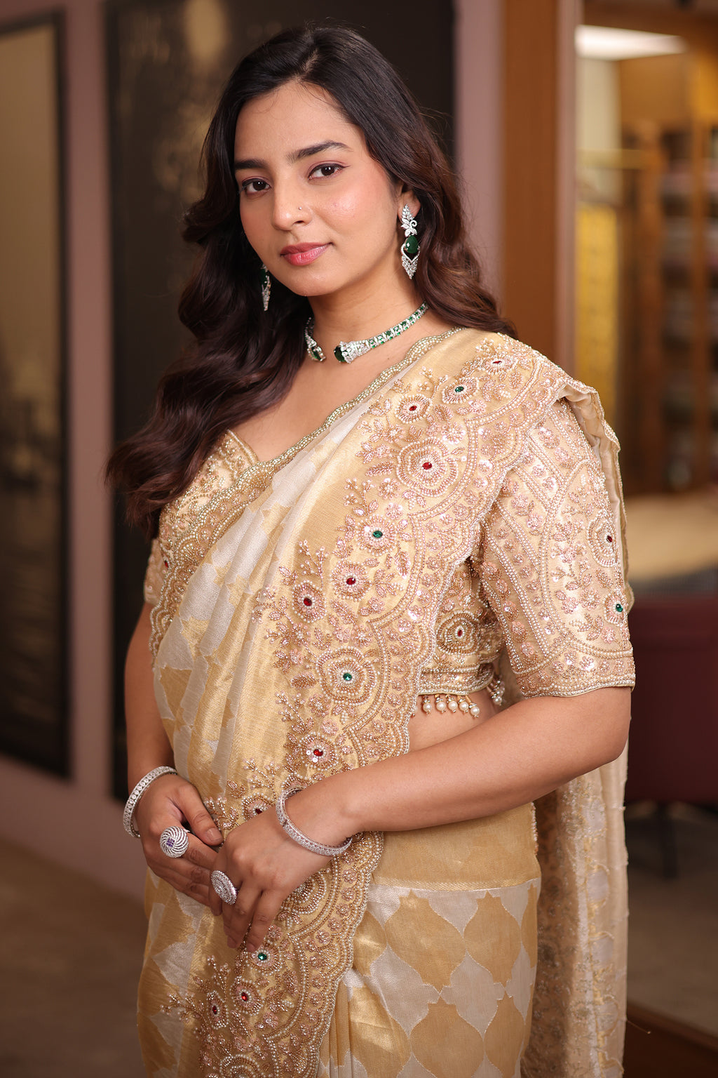 Golden Silver Tissue Saree with Scalloped Cutdana Border and Hand-Embellished Blouse
