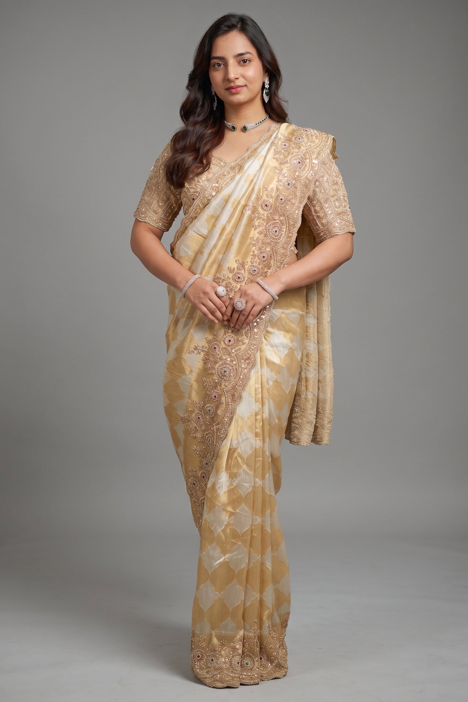 Golden Silver Tissue Saree with Scalloped Cutdana Border and Hand-Embellished Blouse Main image