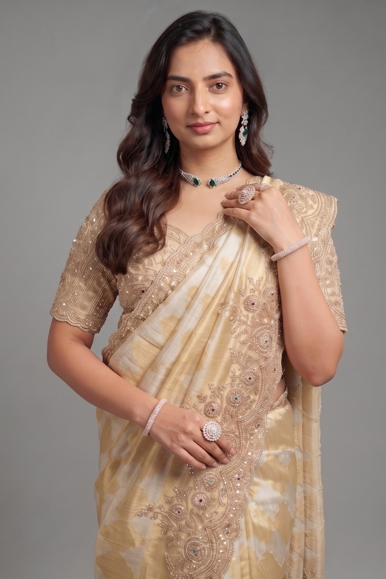 Golden Silver Tissue Saree with Scalloped Cutdana Border and Hand-Embellished Blouse Secondary image